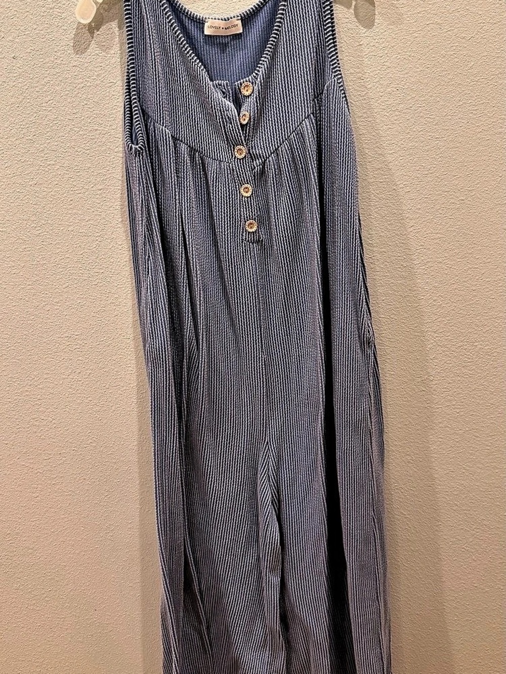 Lovely Melody Blue Ribbed Sleeveless Henley Wide Leg Jumpsuit - Size XL
